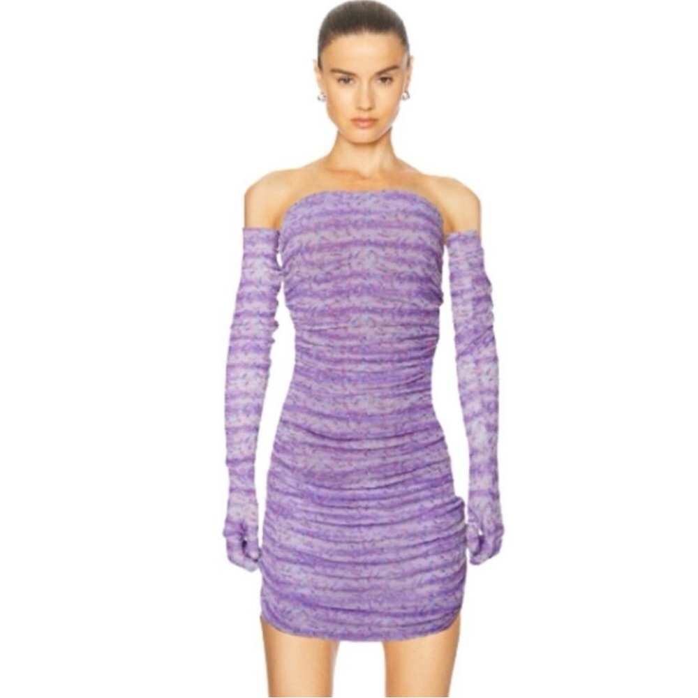 Miscreants Elegant Purple Strapless floral Dress w/gloves. Size UK 14/US 12.